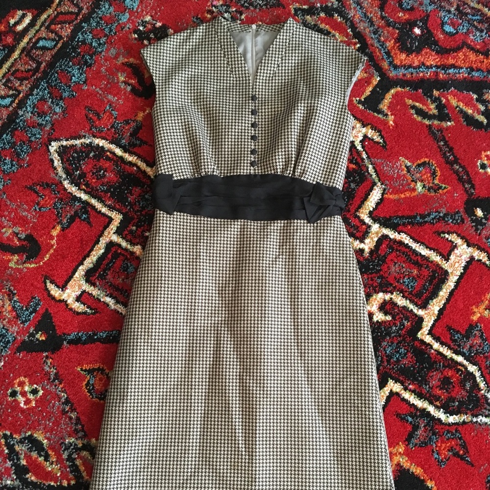 Houndstooth Beige and Black Belted Midi Dress